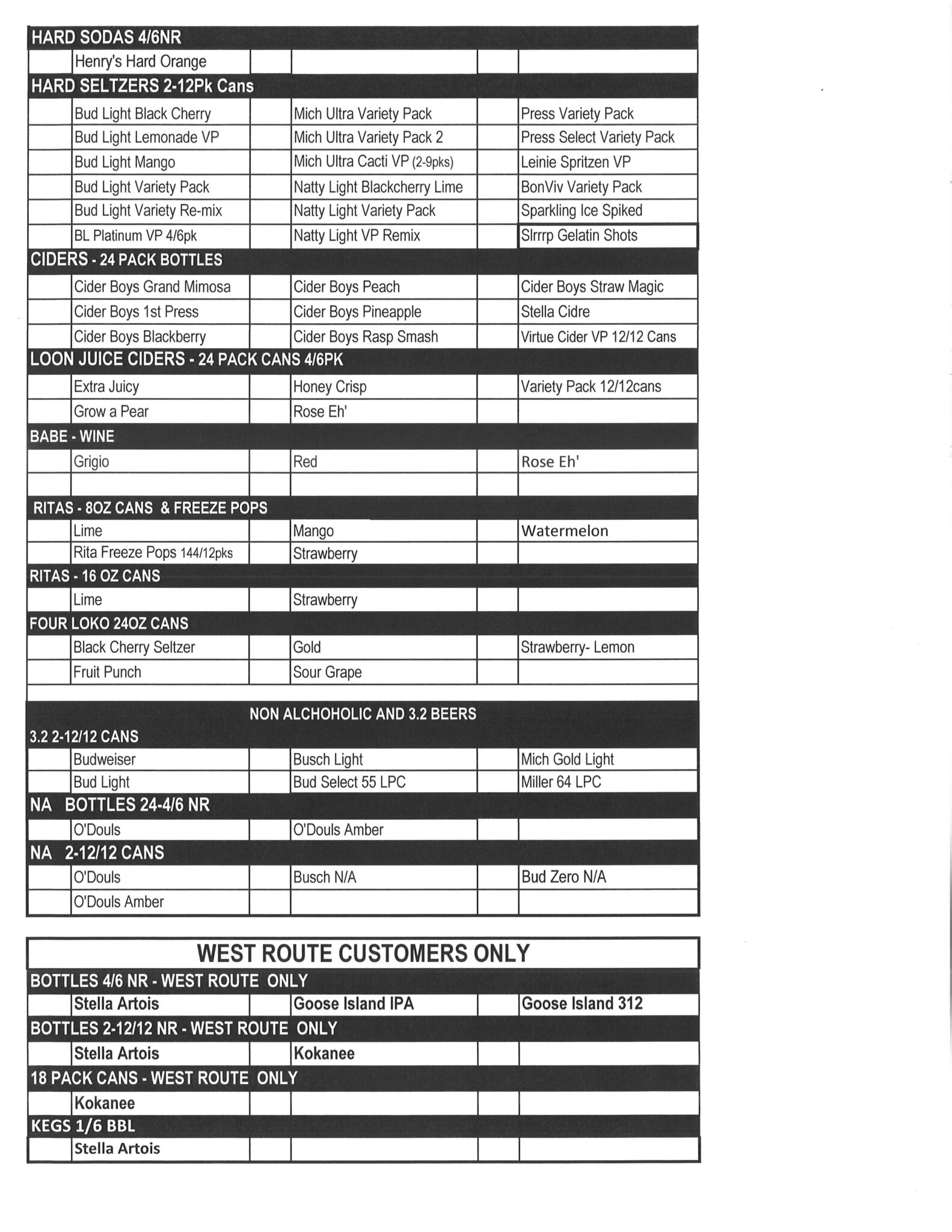 Beer Order Form CocaCola Bottling Company of International Falls